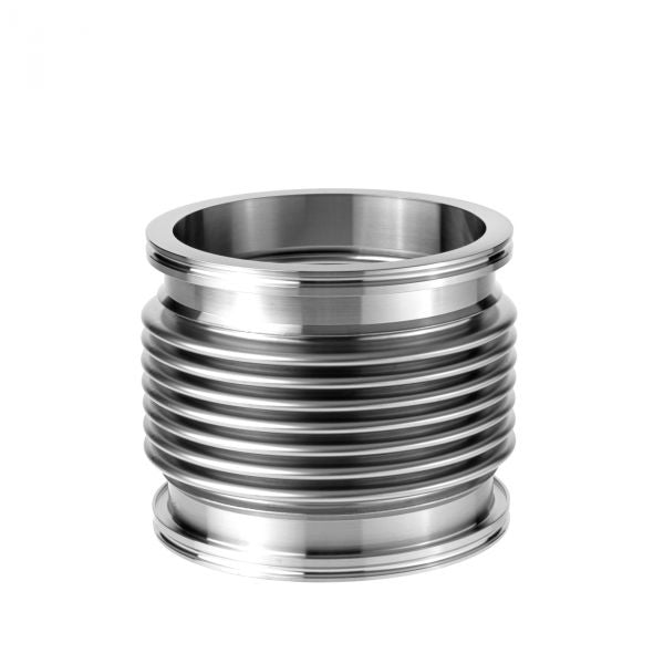 A silver, cylindrical Leybold North America bellow with flanges, resembling a ribbed pipe coupling or flexible joint, is designed for industrial vacuum and pressure systems. The Bellows with Flanges DN 160 ISO-K (150 mm) stands isolated on a white background.