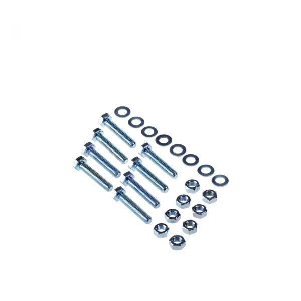 A set of Leybold North America's silver metal hardware is neatly arranged on a white background, featuring six DN 63-100 ISO-K/ISO-F clamp flange fitting bolts perfectly aligned with washers and nuts above and below, ideal for piping systems.