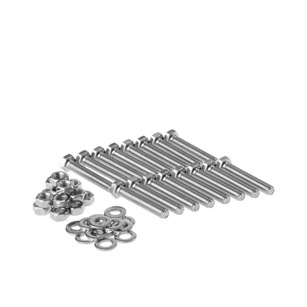 Leybold North America's Bolts for Clamp Flange Fittings DN 320-500 ISO-K / ISO-F are shown on a white background, neatly aligned with washers and nuts. They promise easy installation and excellent corrosion resistance.