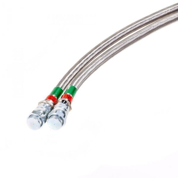 Two Flexlines FL 9.0 hoses, measuring 9.0 meters each by Leybold North America, featuring silver-colored braided metal with silver and red connection fittings at one end, likely designed for plumbing or hydraulic applications. The set of two hoses is displayed against a white background.
