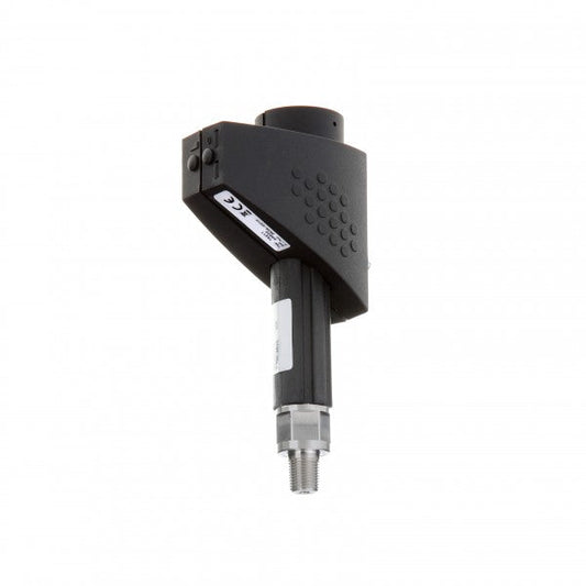 A close-up of the Leybold North America THERMOVAC TR 211 1/8" NPT industrial sensor with a black cylindrical body and metallic threaded end against a white background. It includes an informative label and grip grooves, ideal for precise measurement in various applications.