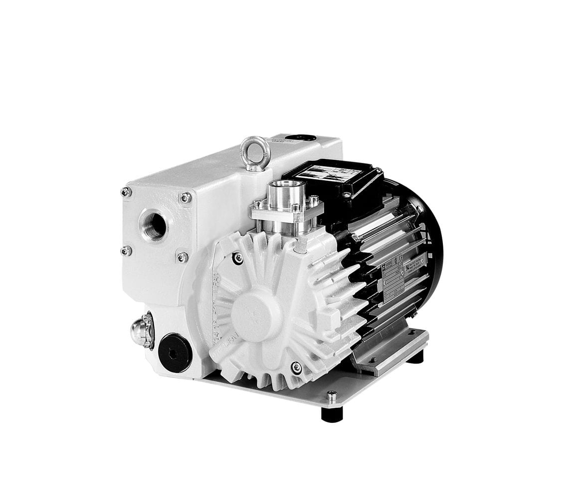 A close-up view of the Leybold North America SOGEVAC SV 25 FP rotary vane vacuum pump (3-ph, 230/400 V, 50/60 Hz) with cooling fins and black motor on a base—ideal for industrial applications requiring ultimate vacuum capabilities.