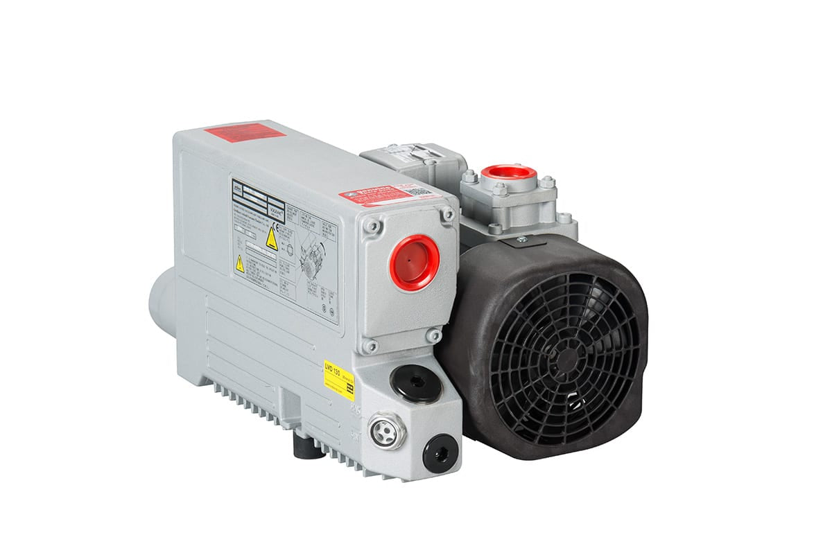 The Leybold North America SOGEVAC SV 45 FP, a durable rotary vane vacuum pump with a gray body, black fan cover, and red-capped port, is designed for demanding industrial applications. Shown on a white background.