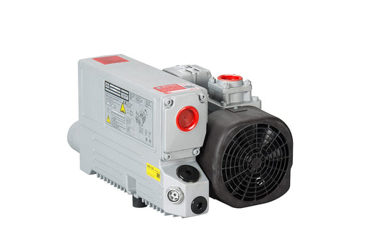 The Leybold North America SOGEVAC SV 45 FP, a durable rotary vane vacuum pump with a gray body, black fan cover, and red-capped port, is designed for demanding industrial applications. Shown on a white background.