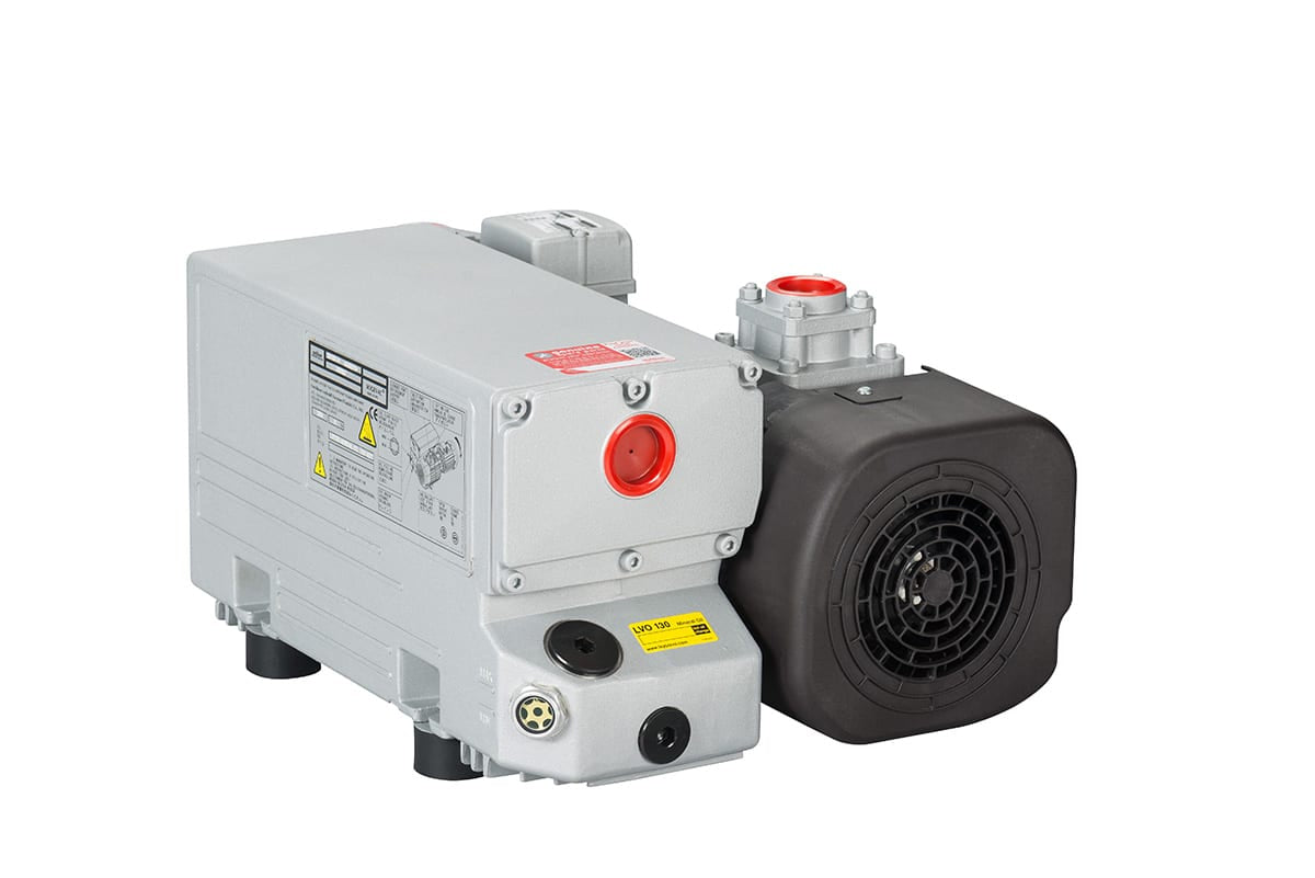 The Leybold North America SOGEVAC SV 105 FP rotary vane vacuum pump, shown with a black fan cover and red cap against a white background, is ideal for industrial applications demanding high pumping speed.