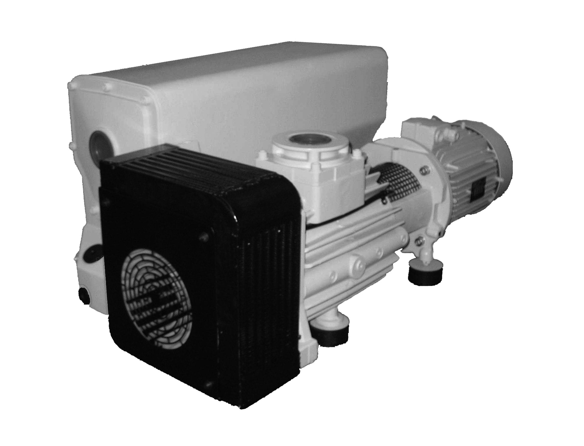 Black and white image of an industrial mechanical pump with a large black intake fan. The SOGEVAC SV 300 B by Leybold features a robust motor on the right side and various hoses and connectors. The entire unit appears to be heavy-duty and is designed for industrial or large-scale applications.