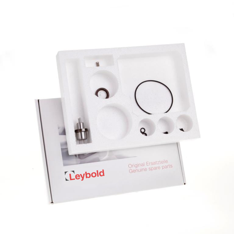 A Leybold North America Shop box contains a Repair Kit 1 TRIVAC D 2,5 E with genuine spare parts organized in a white foam tray. Rings, small metal components, and other items are neatly arranged in circular compartments.