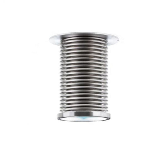 A Bellows feedthrough for right angle-/straight through valve DN 40 ISO-KF from Leybold North America is shown against a white background. The product features a modern design with specialized fittings at the top and bottom for secure connections.