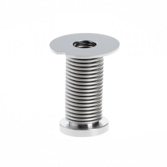 The Bellows feedthrough for right angle-/straight through valve DN 16 ISO-KF by Leybold North America is a cylindrical metal component featuring a threaded body, a flat circular top with a central hole, and a notched section on the edge. The bottom also consists of a flat circular base, making it ideal for attachment or fastening purposes.