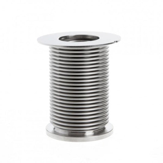 Introducing the Bellows Feedthrough for Right Angle-/Straight Through Valve DN 50 ISO-KF by Leybold North America. This stainless steel, flexible bellow-style tube connector features a series of corrugated ridges and flat, flange-like ends, specifically designed to absorb movement, vibration, and thermal expansion in piping systems. The product is showcased against a plain white backdrop.