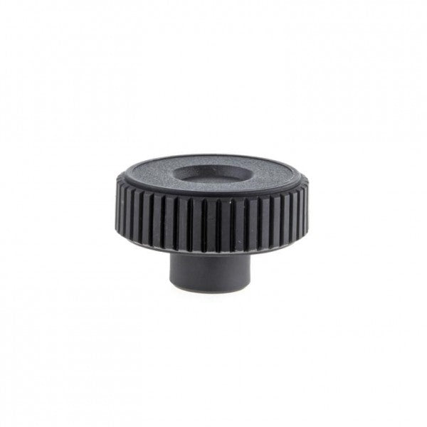 A black Knob for a right angle-/straight through valve DN 16/25 ISO-KF by Leybold North America, featuring a textured grip with ridged sides and a cylindrical plastic base, is displayed against a white background.