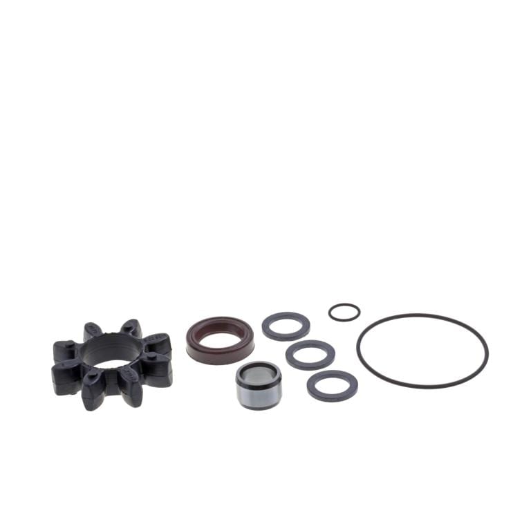 A Radial Shaft Seal Exchange Kit TRIVAC S/D16/25B by Leybold, featuring a collection of automotive seals and gaskets arranged on a white background. The kit includes rubber seals, metal rings, and gaskets of various sizes and shapes. A black cogwheel-like component is also among the parts.