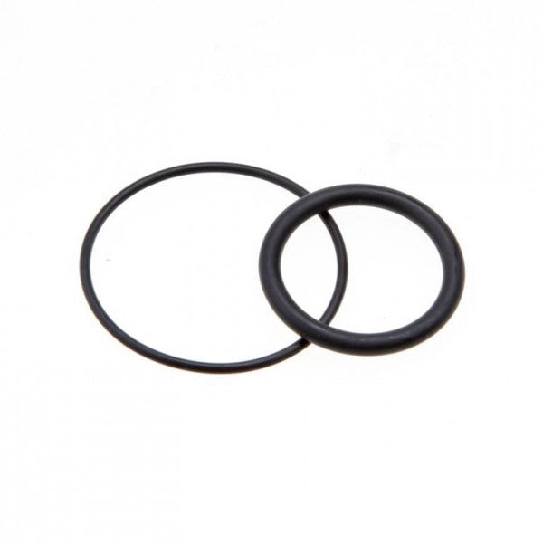 Two black rubber O-rings on a white background suggest valve integrity. These O-rings, included in the Leybold North America Seal Kit for Right Angle-/Straight Through Valve DN 25 ISO-KF, differ in size, with the larger one lying flat and the smaller one resting against it.