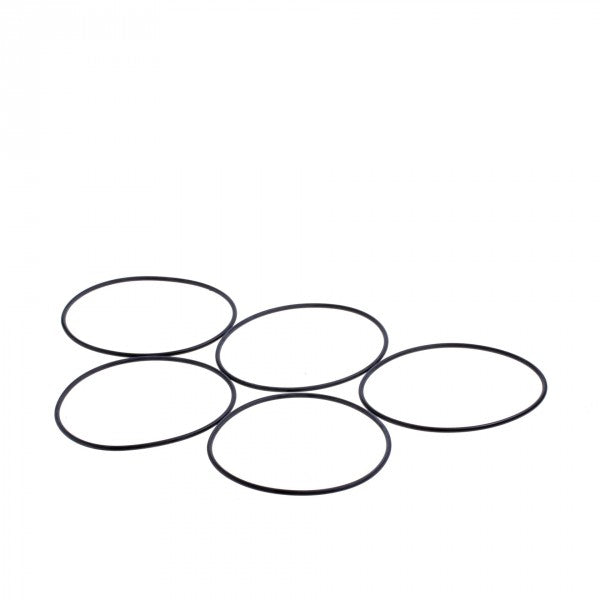 Five Spare O-ring for Centering Ring DN 160 ISO-F by Leybold North America, resembling black rubber bands, form a loosely interconnected pattern on a white background.