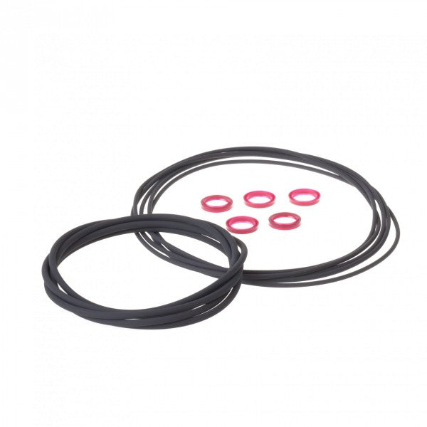 Seal Kit for Right Angle Valve DN 160 ISO-K by Leybold North America, featuring a variety of black rubber bands, six small pink rings, and a DN 160 ISO-K valve set against a minimalist white background.