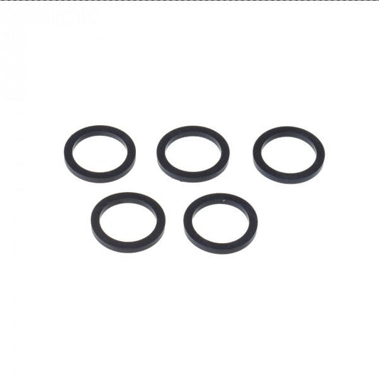 Five identical Spare Gasket DN 16 CF (Set of 5 pcs) from Leybold North America are evenly spaced against a white background. Each gasket is circular with a smooth surface.