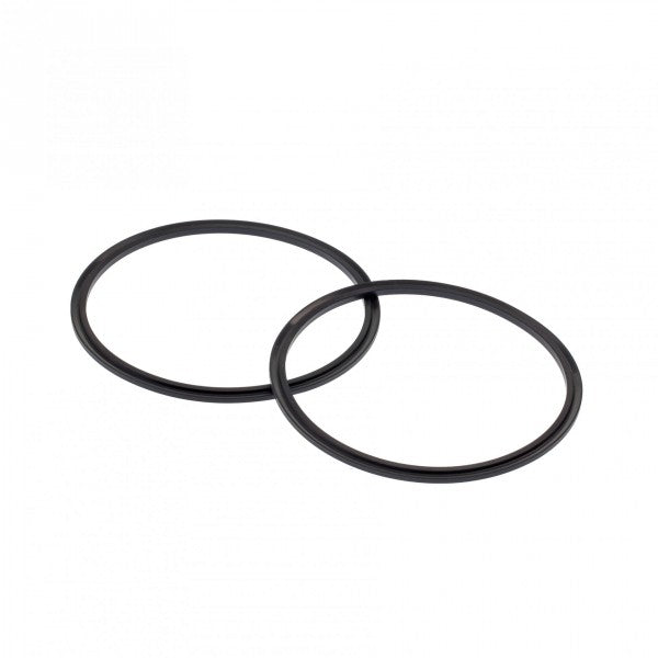 Two "Leybold North America" FPM Profiled Gaskets without Support Ring DN 100 CF, thin and black, lie slightly overlapping on a plain white background, offering ideal sealing solutions for various needs.