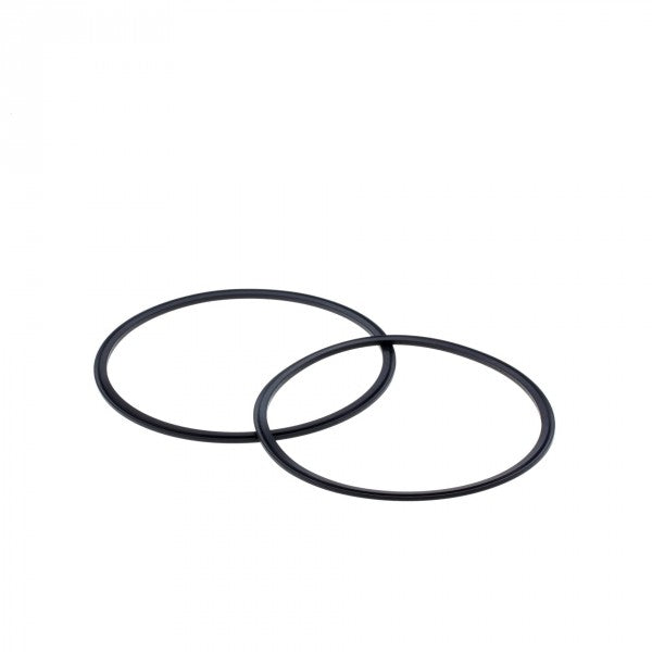 Two black circular rubber seals made of fluoroelastomer, slightly overlapping on a white background, are renowned for their chemical resistance and flexibility. These seals are part of the Leybold North America product line: FPM Profiled Gaskets without Support Ring DN 160 CF, used in various mechanical applications.