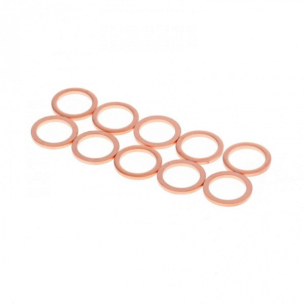 Ten Leybold North America Copper Gaskets for CF Flanges DN 16 CF, arranged staggered on a white background. Each circular gasket has a central hole and a smooth, shiny surface, ideal for various vacuum applications.