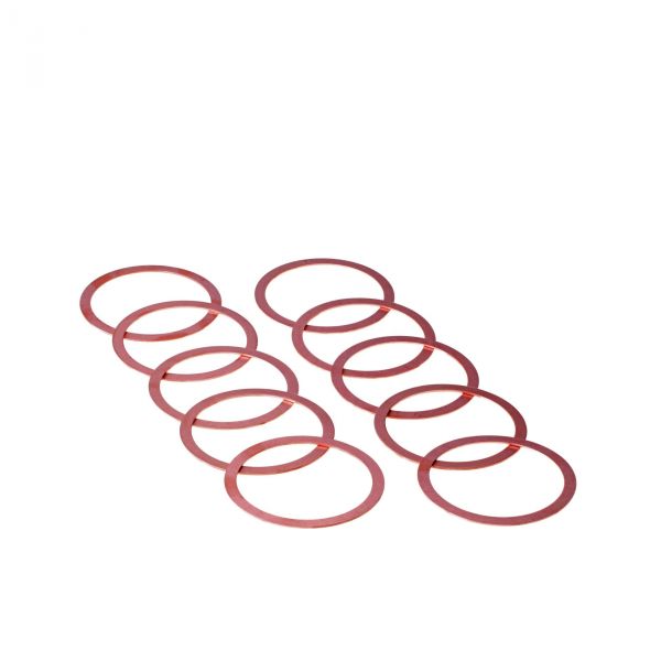 Ten DN 100 CF red copper gaskets from Leybold North America are arranged in a slightly overlapping, staggered pattern on a white background, ideal for high-vacuum applications.