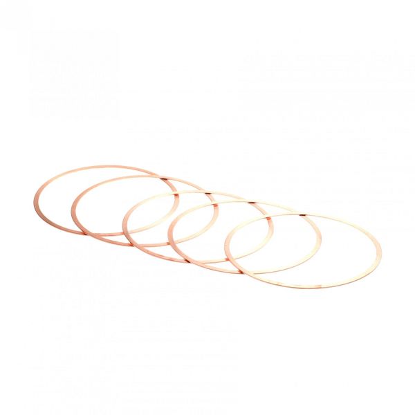 Four Leybold North America Copper Gaskets for CF Flanges DN 250 CF form an evenly spaced diagonal line on a white background, creating a minimalist pattern.