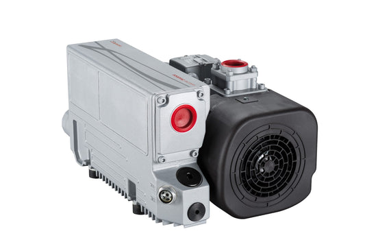 The Leybold North America SOGEVAC SV 70 FP rotary vane pump features a silver and black compact rectangular body, red circular component, ventilation fan, and multiple ports—ideal for industrial vacuum applications.
