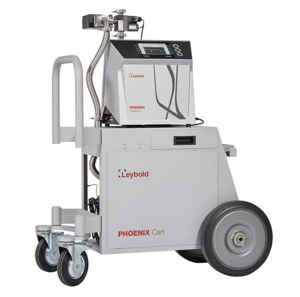The PHOENIX Quadro US Wet Cart by Leybold North America is a mobile vacuum system with a gray rectangular control unit, labeled "Leybold," offering spacious storage. Large rear wheels and smaller front casters make it easy to maneuver, reflecting the same durability as its robust design.