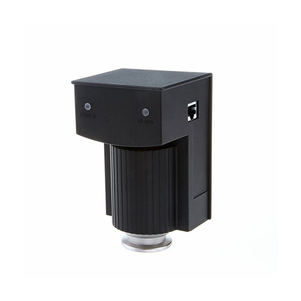 The PENNINGVAC PTR 237 by Leybold North America is a compact black electronic device with a ribbed cylindrical bottom and a rectangular top. The top features two small indicator lights labeled "Power AC" and "RS-485." A network port is visible on one side, highlighting the device's blend of compactness and functionality.