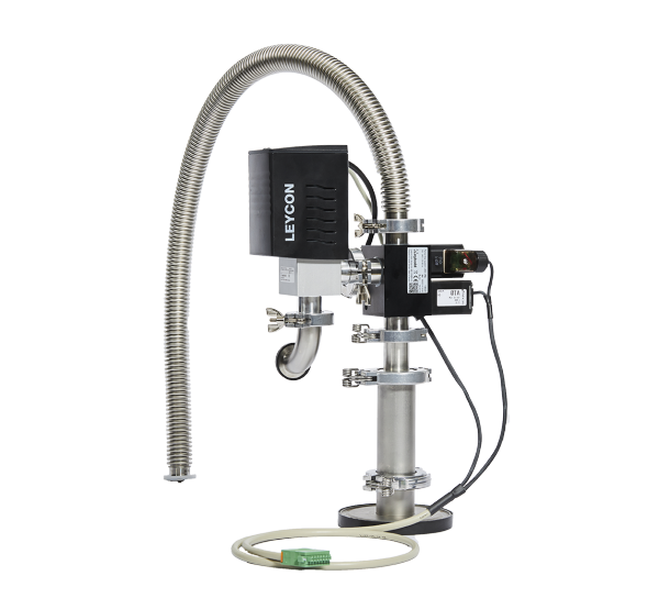 A sophisticated laboratory apparatus for fluid handling, featuring a flexible hose, control unit, and cylindrical components with connectors and gauges. The device is branded with "Leybold North America" on the main vertical cylinder and is identified as the Partial Flow System for PHOENIX - 100-230 V - 50/60 Hz; a power cable rests on the ground.