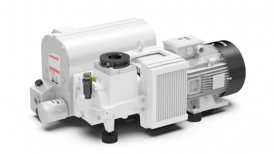 A white industrial vacuum pump with a cylindrical motor attached to an encased unit, featuring a black circular component and multiple connection points and fittings. It is labeled "Leybold SOGEVAC SV 220 B." The pump has a robust, compact design and stands on a flat surface.