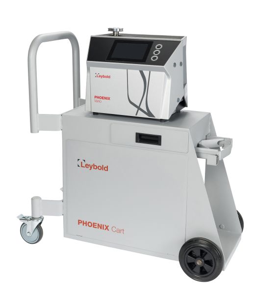 The Leybold North America Cart PHOENIX 4 offers efficient leak detection with a metal control panel, small screen, and smooth-rolling wheels. It features a sturdy handle and prominent branding for easy transport.