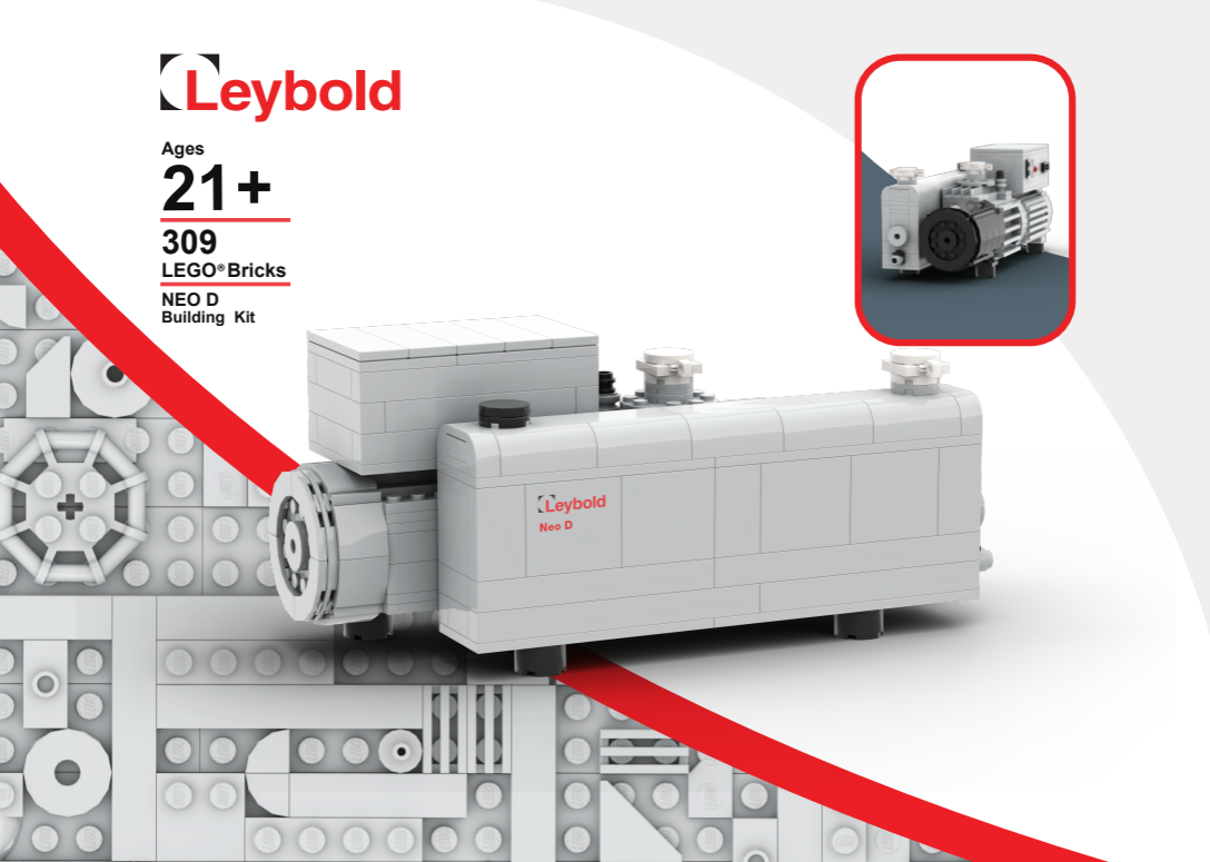 The Limited Edition NEO D Lego Brick Set by Leybold North America Shop includes 309 pieces, is designed for ages 21+, and features a model of the NEO D vacuum pump with the Leybold logo plus an inset close-up image of the pump.