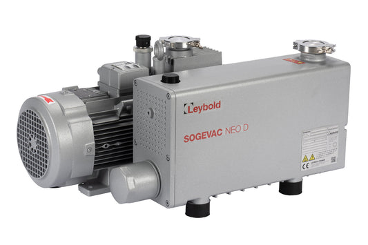 A Leybold NEO D40 vacuum pump in a metallic gray finish, featuring a rectangular main body with labeled controls and connectors on top, an attached motor unit on the left, and multiple ports and fittings.