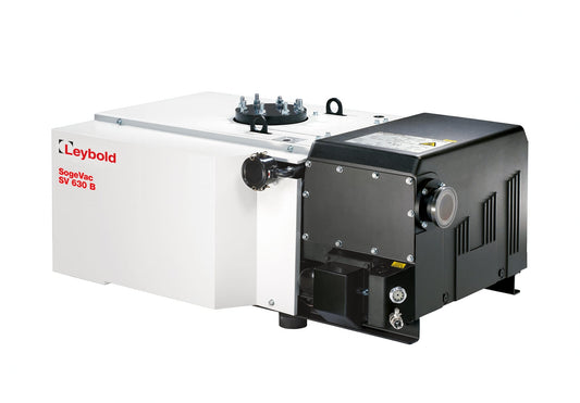 A Leybold SOGEVAC SV 630 B vacuum pump with a white and black casing. The left section is white with red branding text, and the right section is black with several connection ports and vents. The machine is designed for industrial vacuum applications.