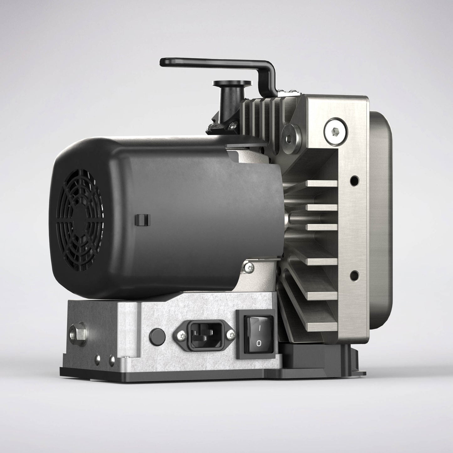 The image shows the Leybold SCROLLVAC 3 Plus, a compact and modern air compressor featuring a black motor housing, metallic components, and cooling fins. It is equipped with an electrical input socket, an on/off switch, and a handle on top. The overall design appears sturdy and industrial, making it suitable for various applications.
