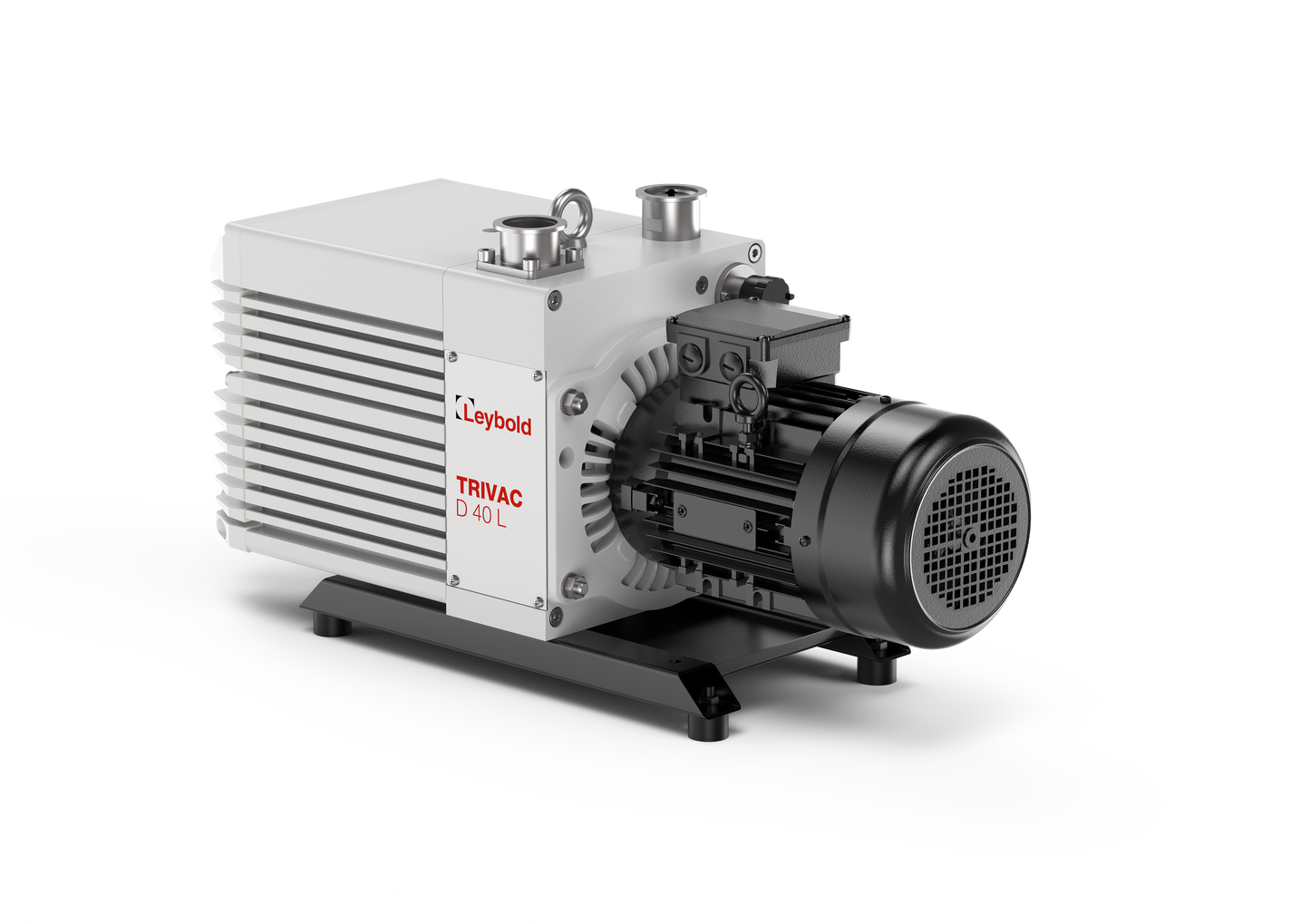 Image of a Leybold TRIVAC D 40 L. The device has a robust rectangular body with cooling fins on the side, multiple valves and connectors on the top, and is mounted on a base with rubber feet. The motor is attached on the right side.