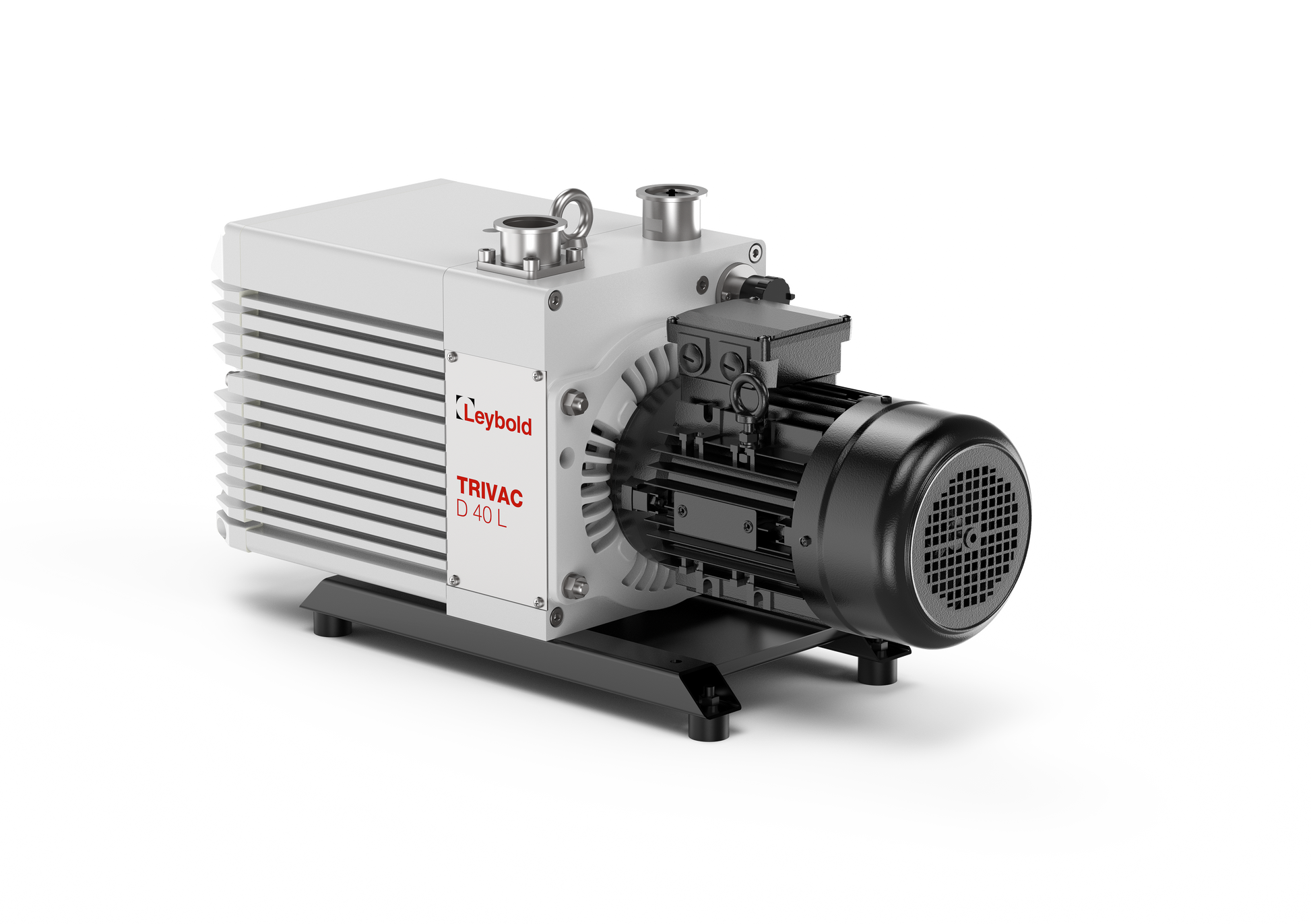 Image of a Leybold TRIVAC D 40 L. The device has a robust rectangular body with cooling fins on the side, multiple valves and connectors on the top, and is mounted on a base with rubber feet. The motor is attached on the right side.