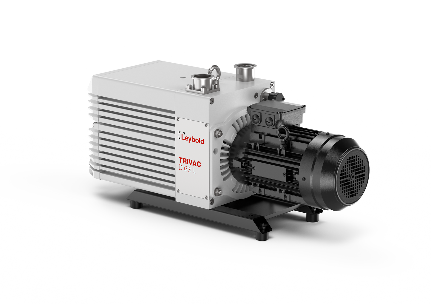 A Leybold TRIVAC D 63 L in a white and black color scheme, featuring a large rectangular body with cooling fins on the sides and a cylindrical motor attached at the front. The unit is mounted on a black base.