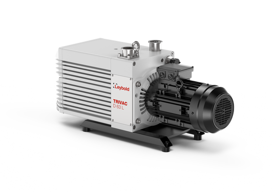 A Leybold TRIVAC D 63 L in a white and black color scheme, featuring a large rectangular body with cooling fins on the sides and a cylindrical motor attached at the front. The unit is mounted on a black base.