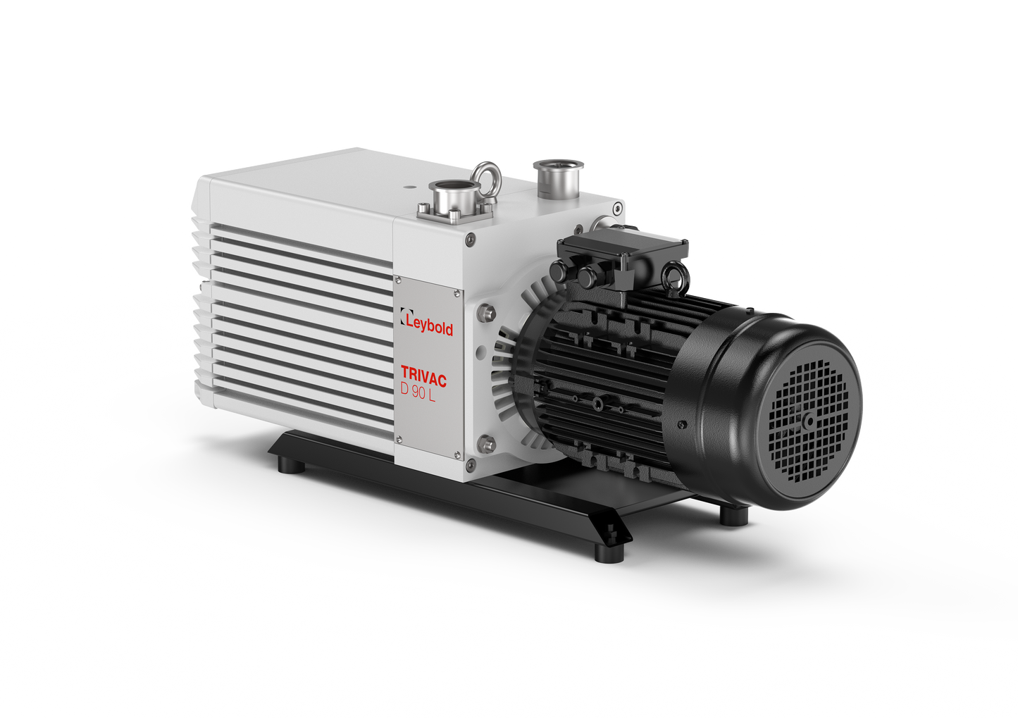 An industrial vacuum pump labeled "Leybold TRIVAC D 90 L," featuring a silver body with ventilation fins and a black cylindrical motor on the right side, mounted on a black base. The pump has connection ports and knobs on the top surface.