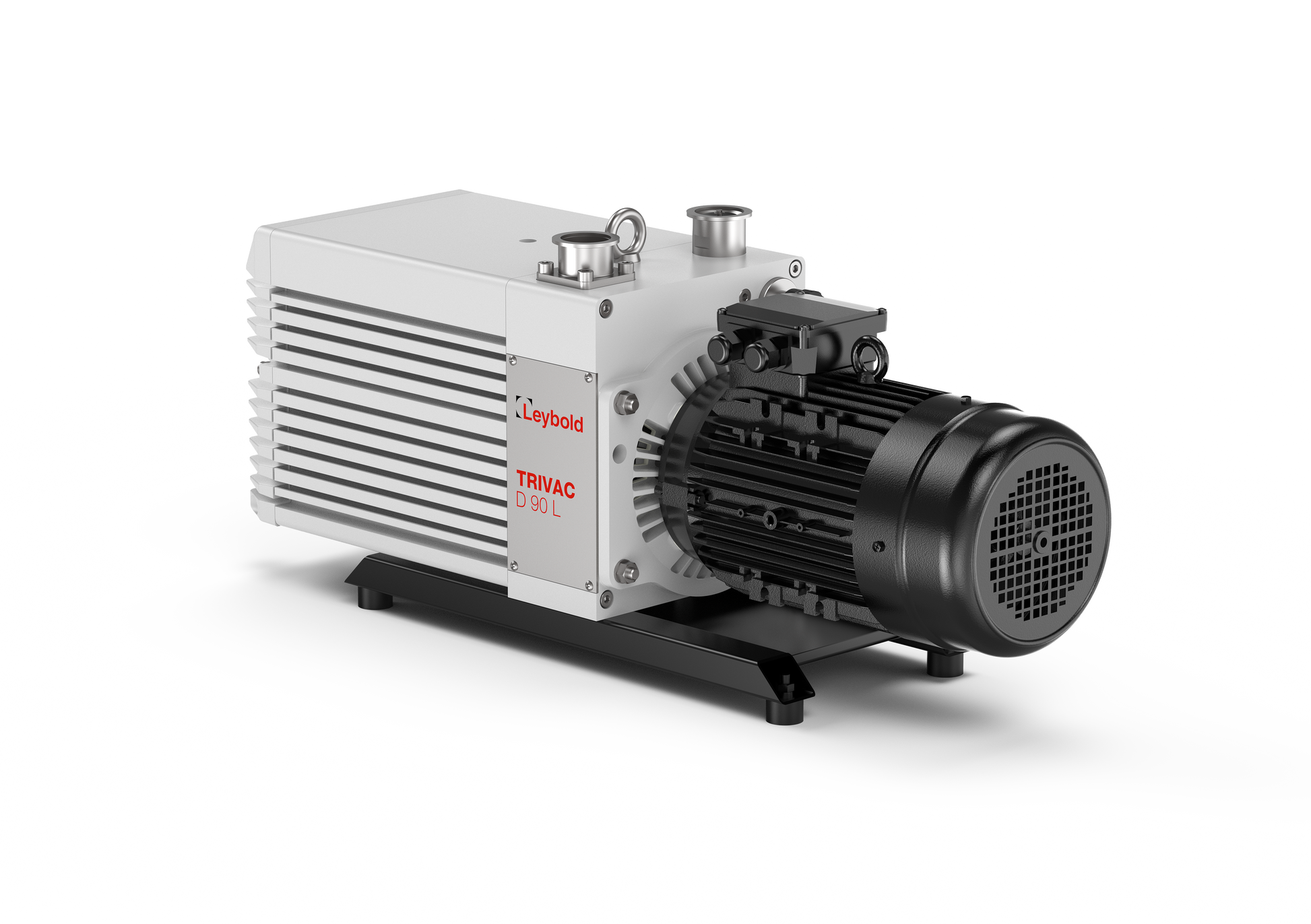 An industrial vacuum pump labeled "Leybold TRIVAC D 90 L," featuring a silver body with ventilation fins and a black cylindrical motor on the right side, mounted on a black base. The pump has connection ports and knobs on the top surface.