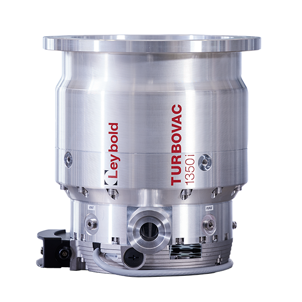 A high-tech vacuum pump dubbed "TURBOVAC 1350i" featuring a cylindrical metal body with precise machining and a metallic finish. The brand name "Leybold North America Shop" and model "TURBOVAC 1350i" are prominently displayed in red text on the side.