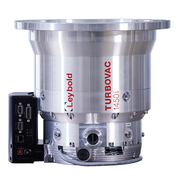 A metallic Leybold North America Shop TURBOVAC 1450i vacuum pump with multiple connectors and electronic interfaces is mounted on a base. The pump has a cylindrical shape with a wide top section, and branding is clearly visible.