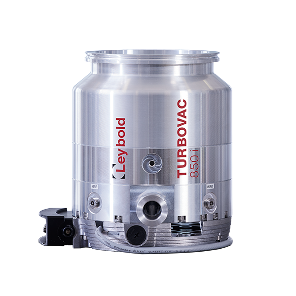 A metallic cylindrical device labeled "Leybold North America Shop TURBOVAC 850iX", with various ports and components, typically used for vacuum applications. The device appears sleek and industrial, with a silver finish and red branding.