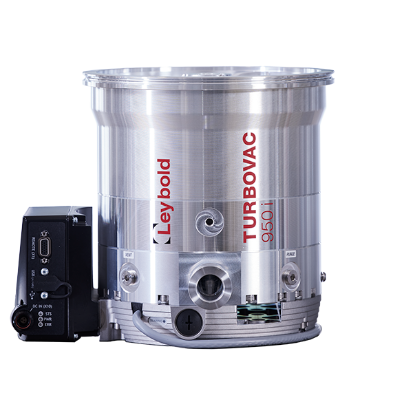 A Leybold North America Shop vacuum pump, model TURBOVAC 950i, is shown standing on a metallic surface. The main cylindrical body of the pump is silver with red text, and an attached black control unit is visible on the left side.