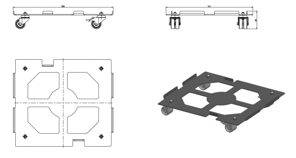 A technical drawing and 3D rendering of the Trolley COOLPAK i by Leybold North America, featuring a wheeled platform with four casters. The rectangular platform includes cut-out sections and measures 600mm in both width and height. The document provides top, side, and perspective views that illustrate the dimensions and detailed aspects of the design.