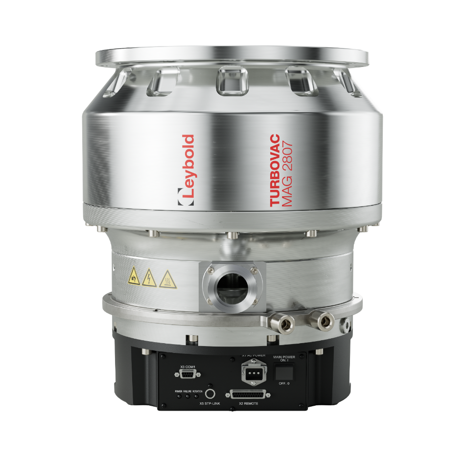 The TURBOVAC MAG 2807 iS - Profibus from Leybold North America Shop is a silver metallic turbomolecular vacuum pump featuring multiple ports and warning symbols. Its sleek cylindrical design with a flared top minimizes vibration, and red branding emphasizes its hydrocarbon-free vacuum capability.