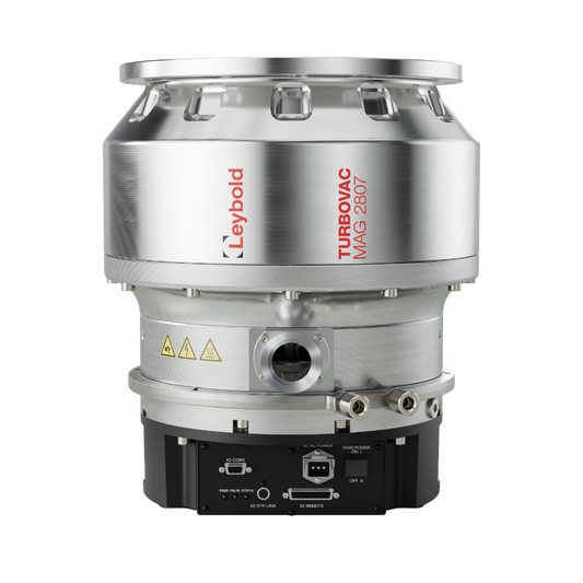 The TURBOVAC MAG 2807 iS - Profibus from Leybold North America Shop is a silver metallic turbomolecular vacuum pump featuring multiple ports and warning symbols. Its sleek cylindrical design with a flared top minimizes vibration, and red branding emphasizes its hydrocarbon-free vacuum capability.
