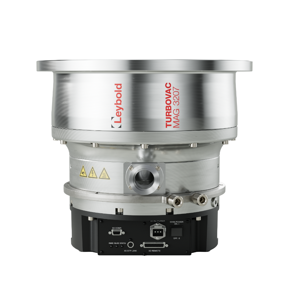 The image displays the versatile TURBOVAC MAG 3207 iS - Profibus by Leybold North America Shop, featuring a sleek cylindrical metallic body with various connectors for clean, vibration-free operation. The brand and model are prominently visible on top.