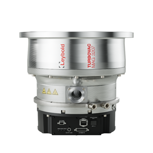 The image displays the versatile TURBOVAC MAG 3207 iS - Profibus by Leybold North America Shop, featuring a sleek cylindrical metallic body with various connectors for clean, vibration-free operation. The brand and model are prominently visible on top.